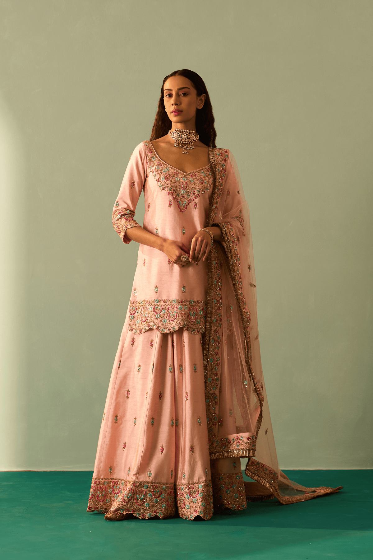 Pink Raw Silk Sharara Set