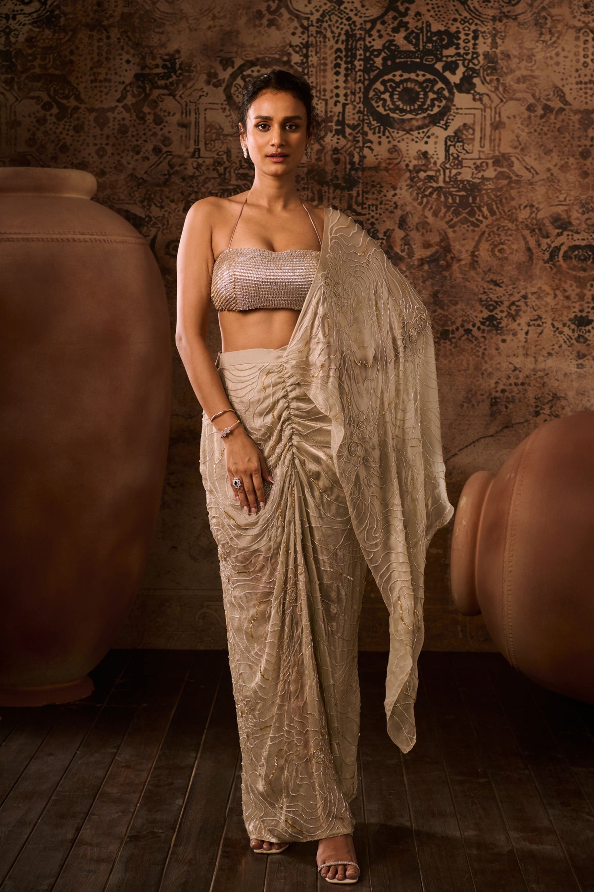 Chikoo Embroidered Top With Drape Skirt