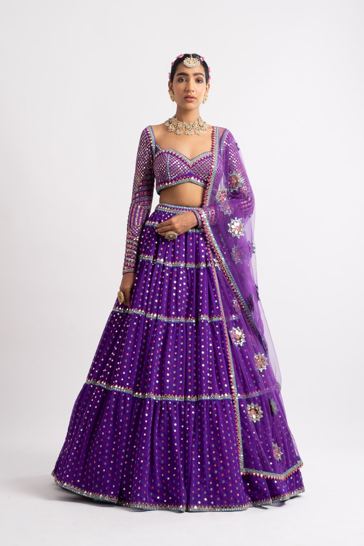 Purple multi tier lehenga