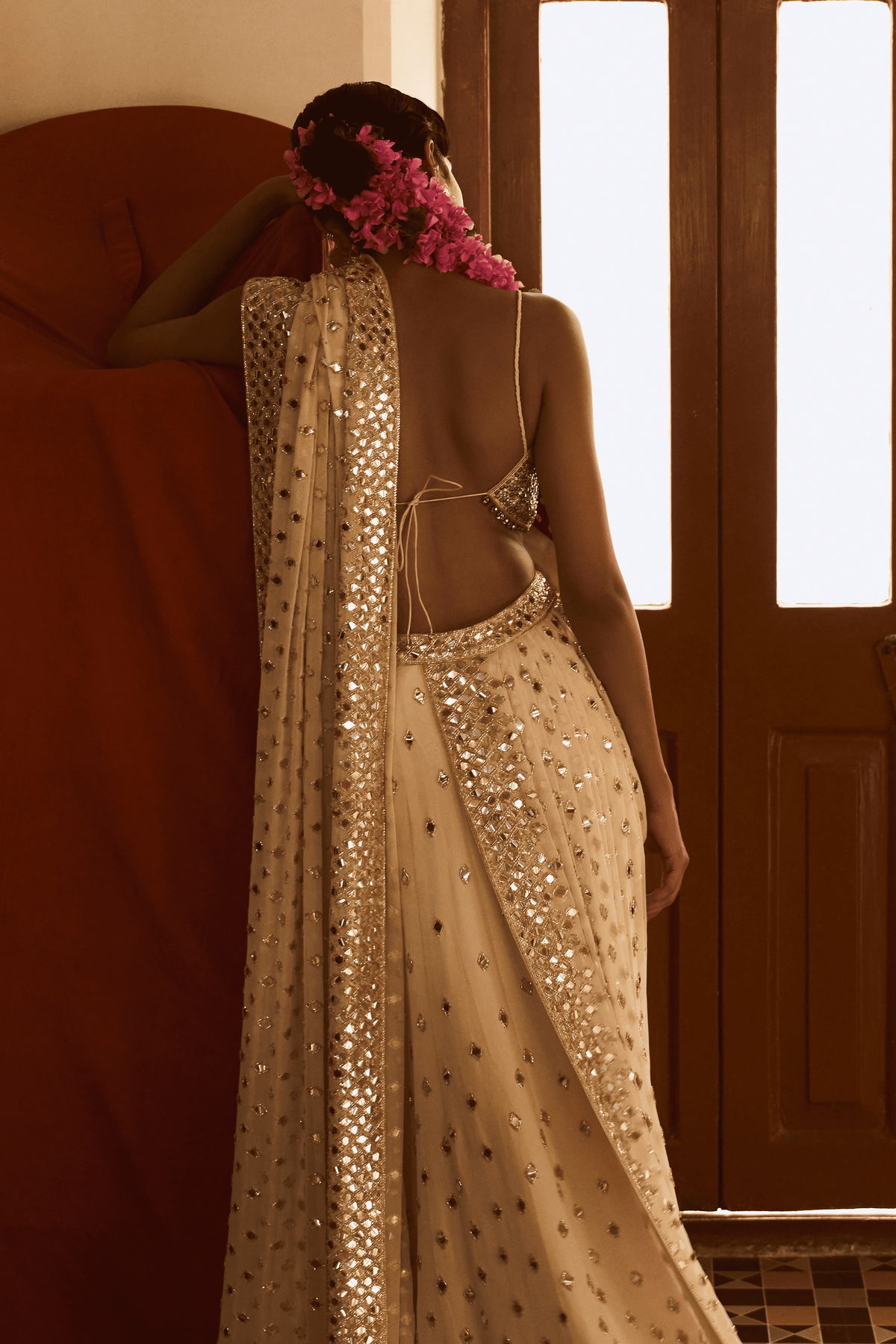 Beige Sequin Lehenga Saree With Blouse