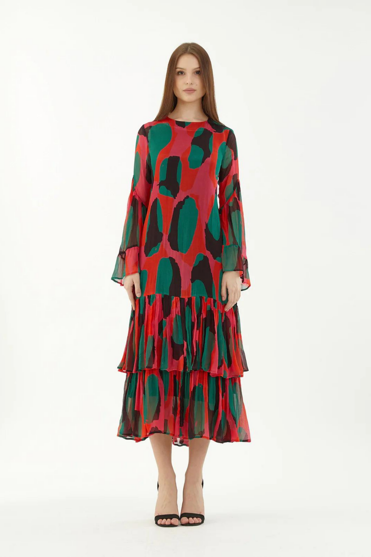 Red, Green And Black Abstract Frill Dress