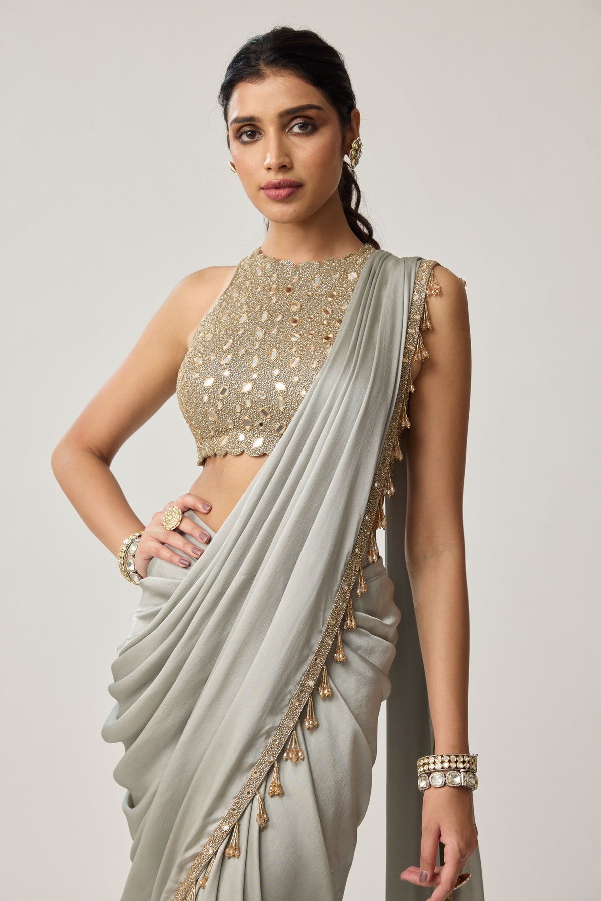 Powder Grey Draped Saree Set