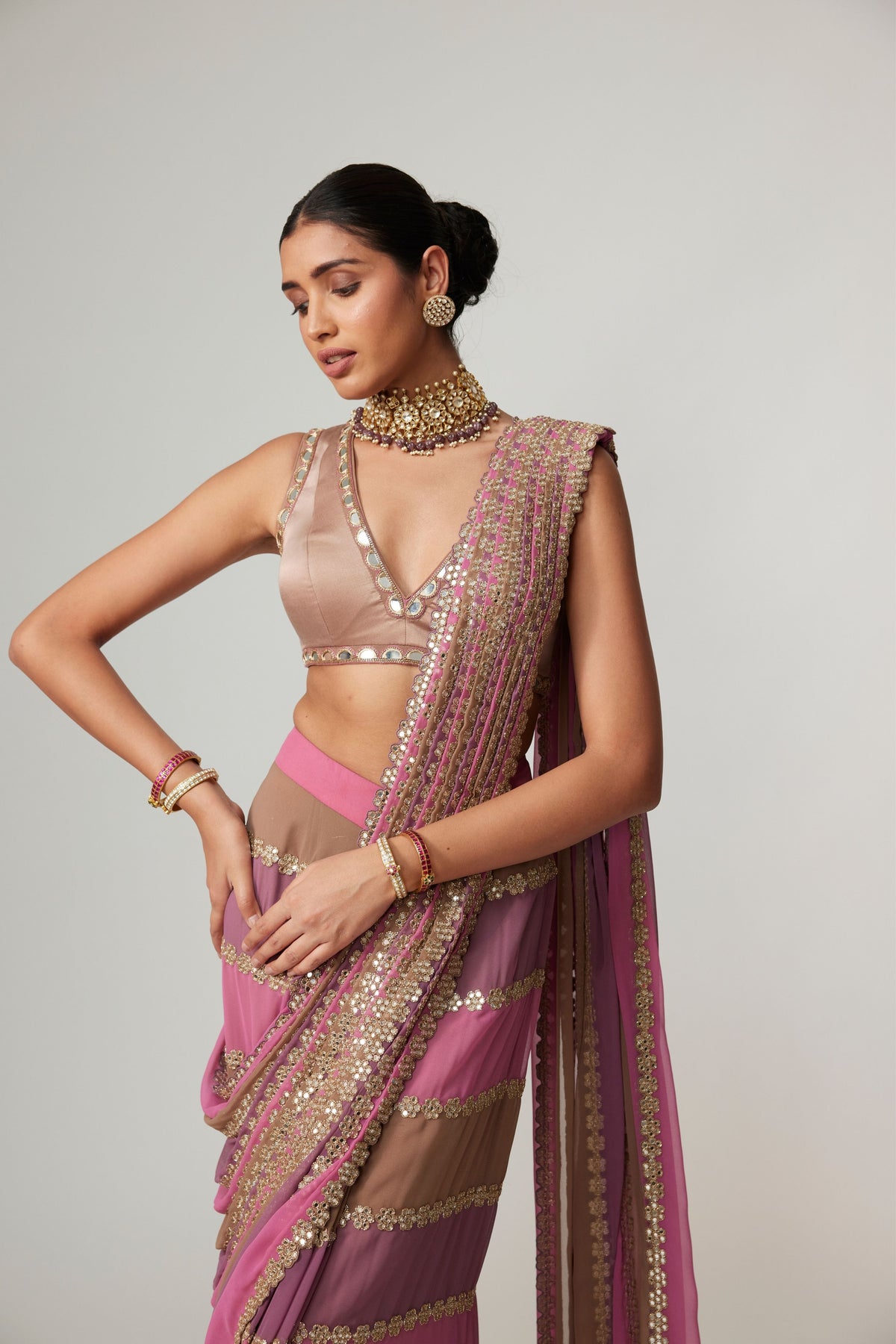 Deep Beige Multicolor Saree Set