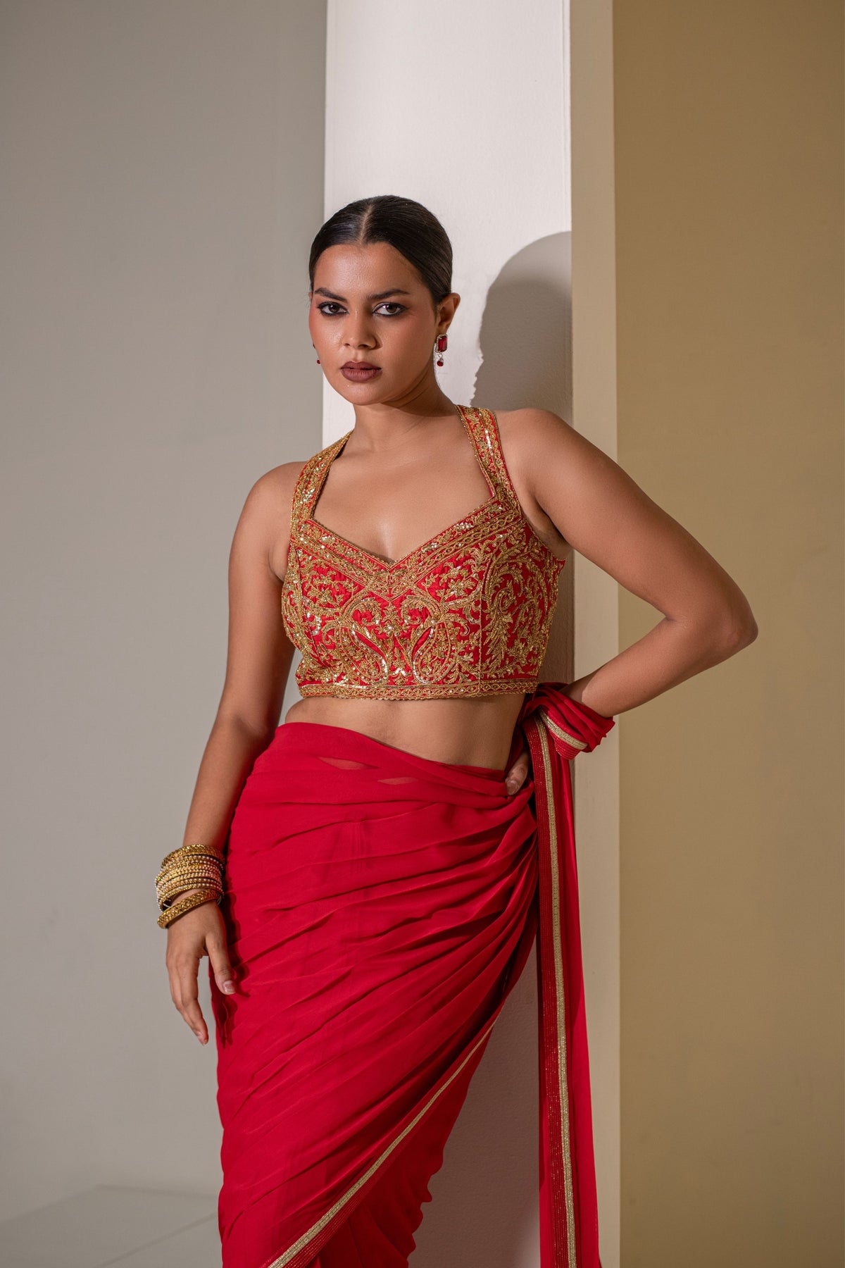 Crimsom Red Pre Draped Saree Set