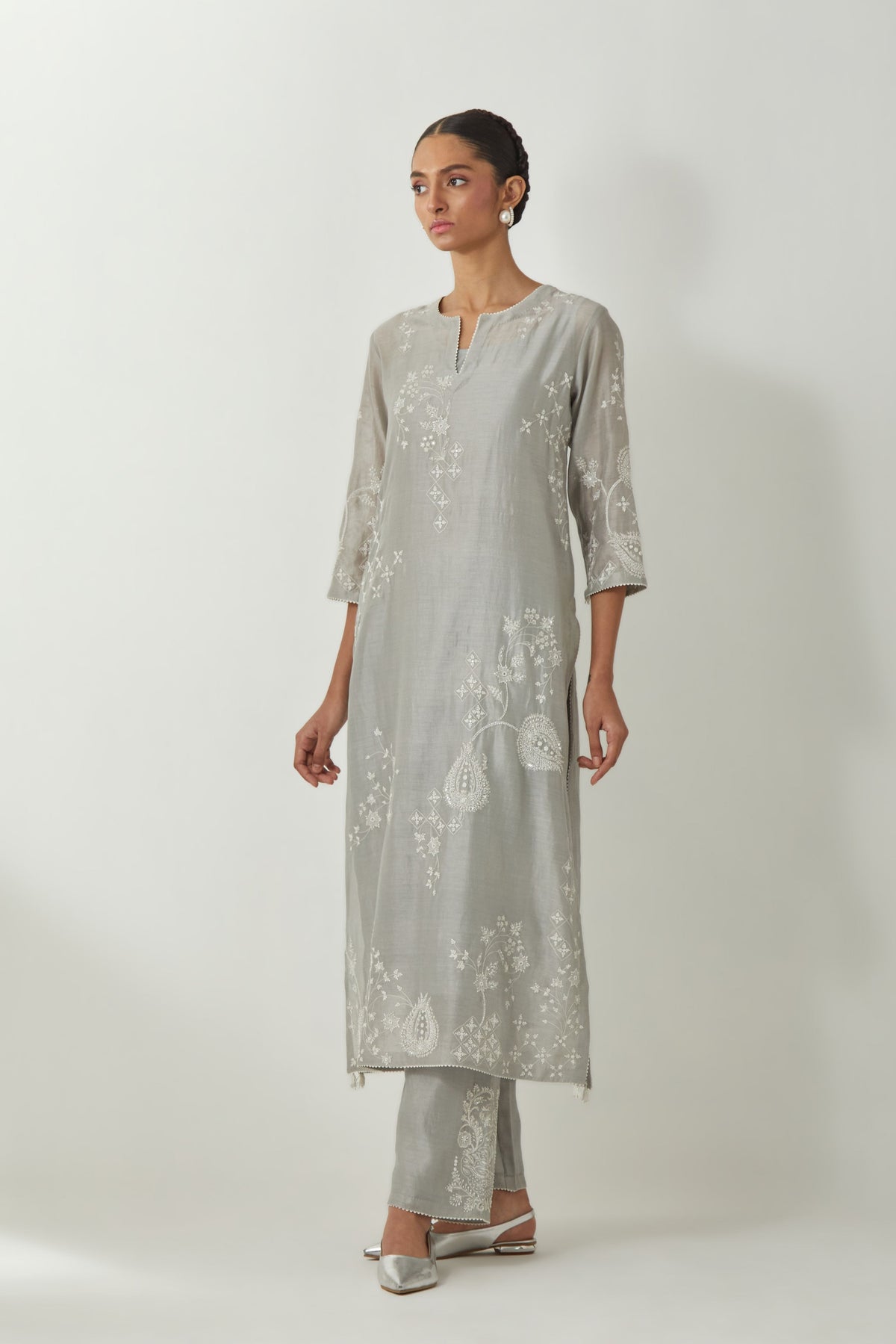 Grey Straight Embroidery Kurta Set