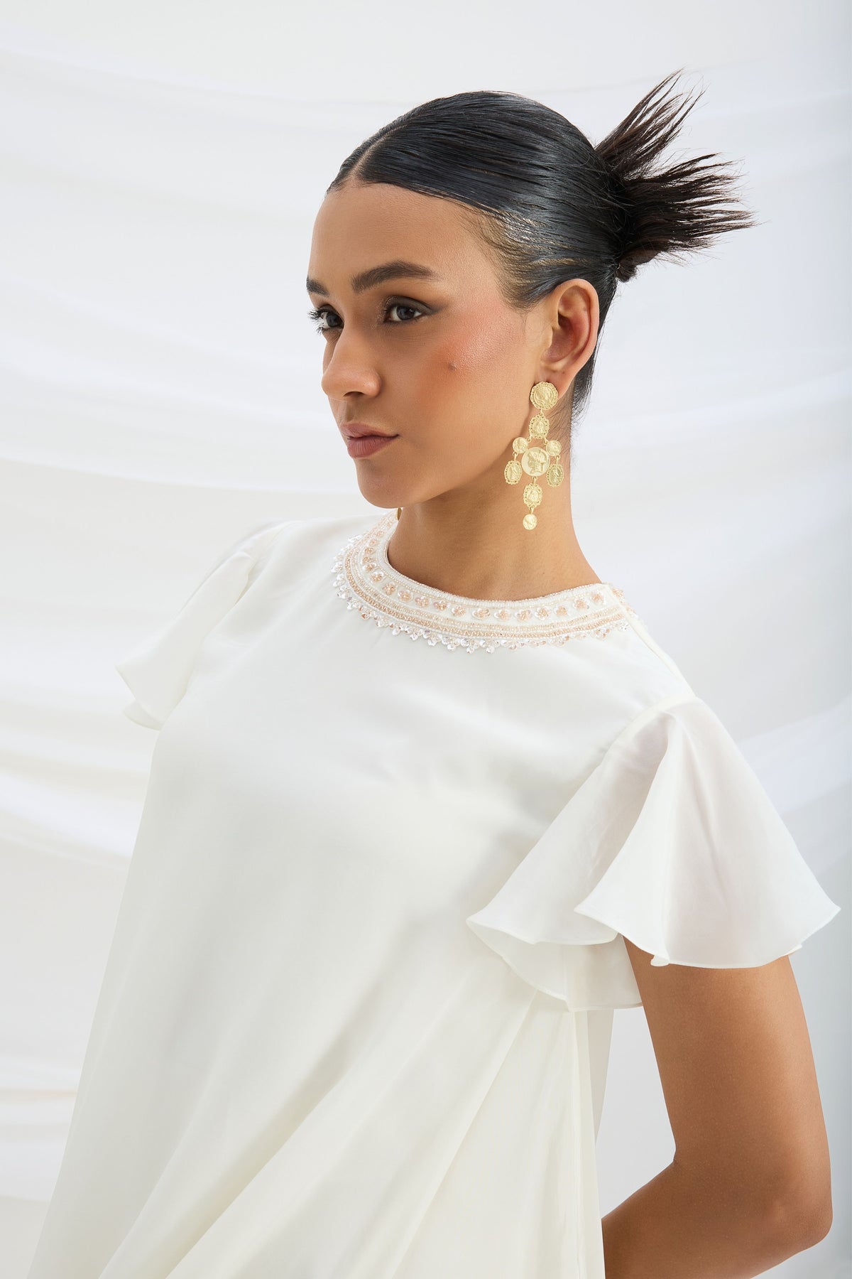 Off White Embroidered Drape Dress