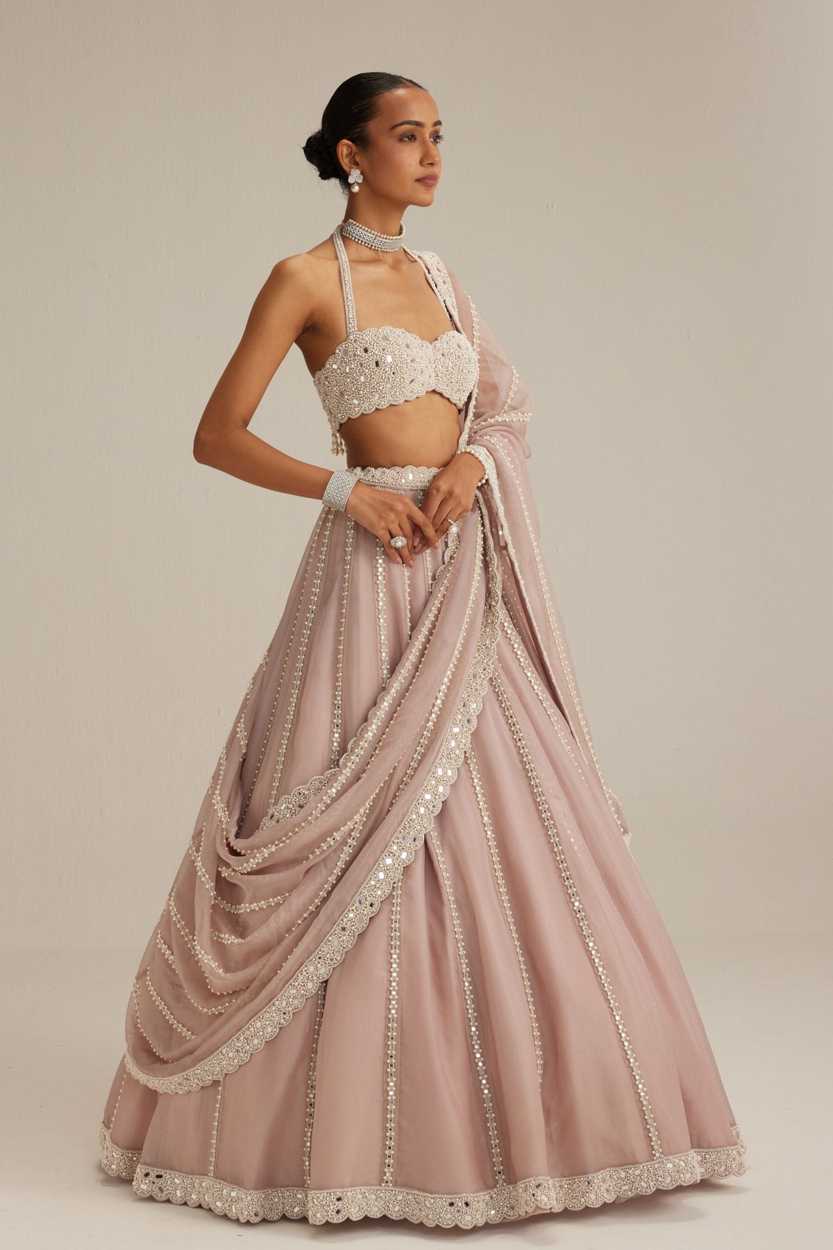 Ash Pink Embroidered Lehenga Set