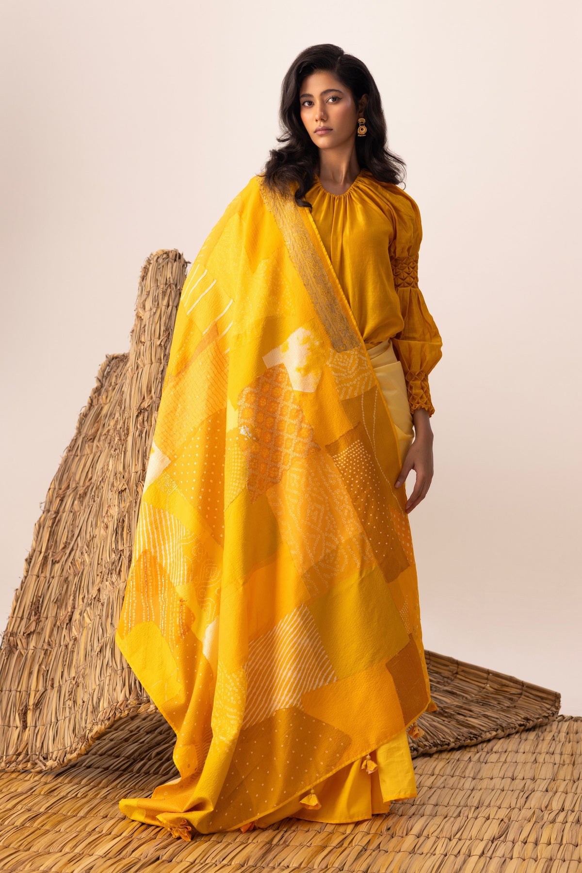Yellow Bandhani Patchwork Saree set