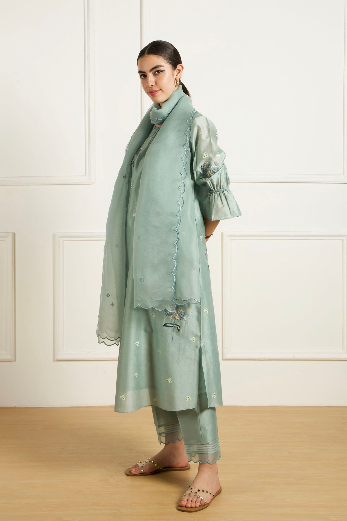 Mint Embroidered Tunic With Pants