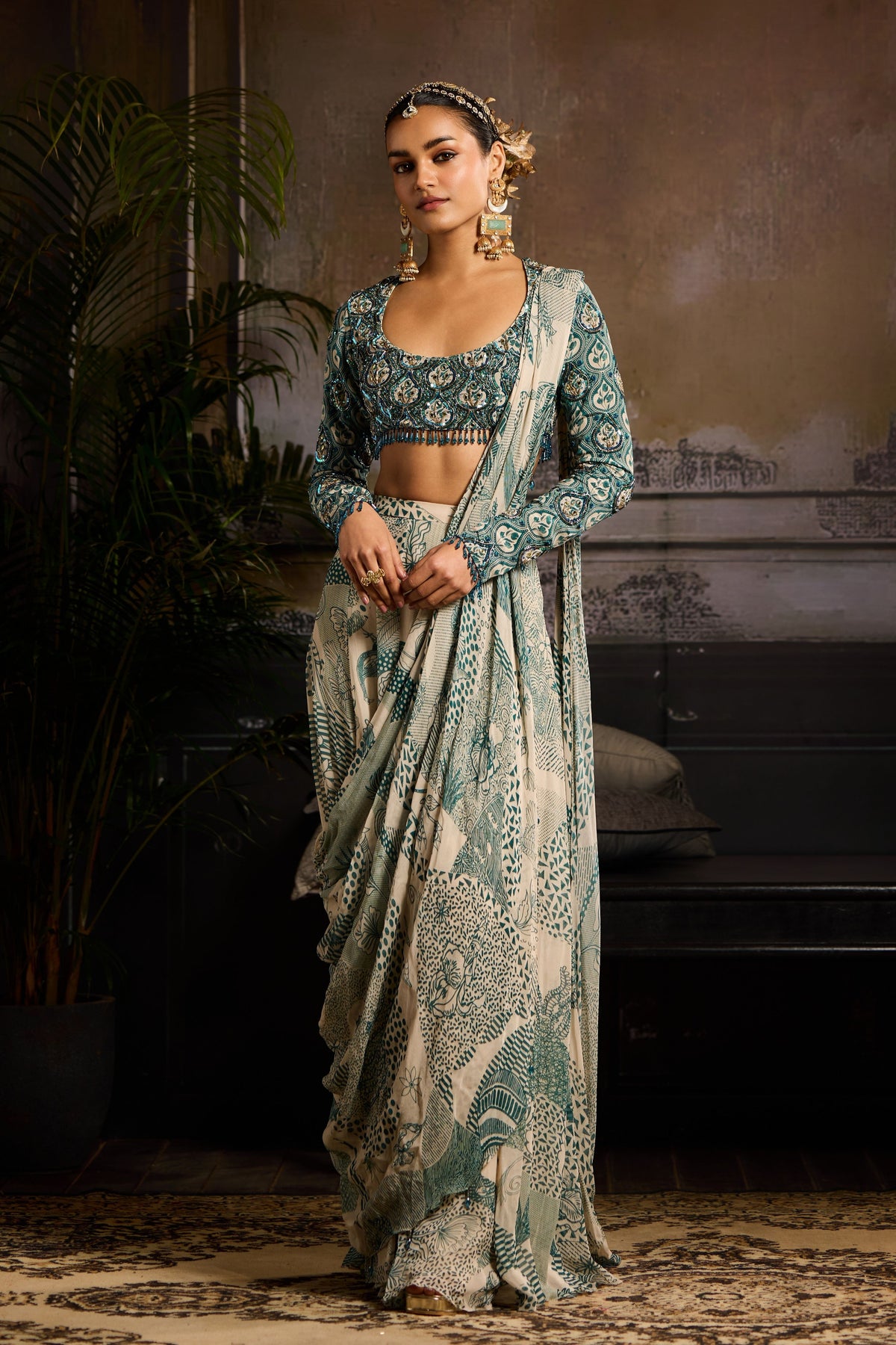 Printed Panelled Drape Saree Set