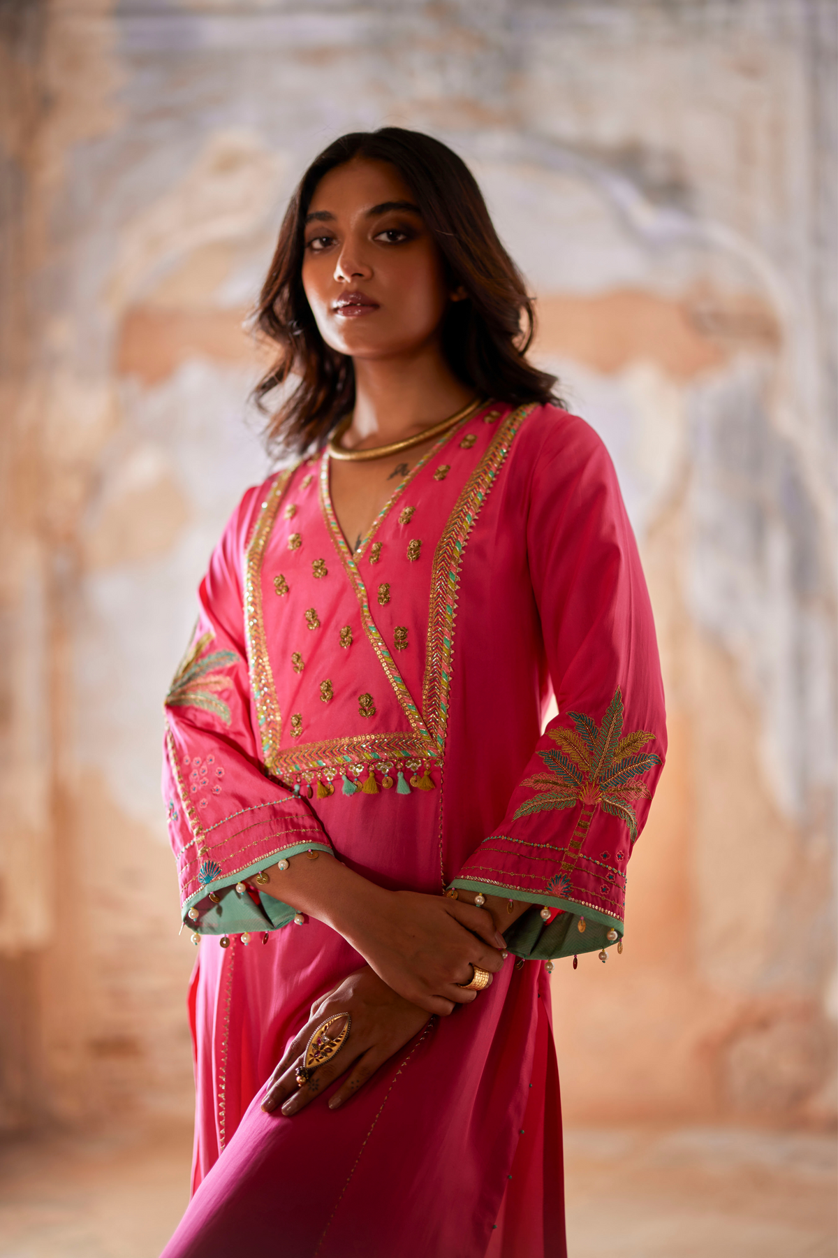 Nadira Hot Pink Silk Yoke Kurta Set