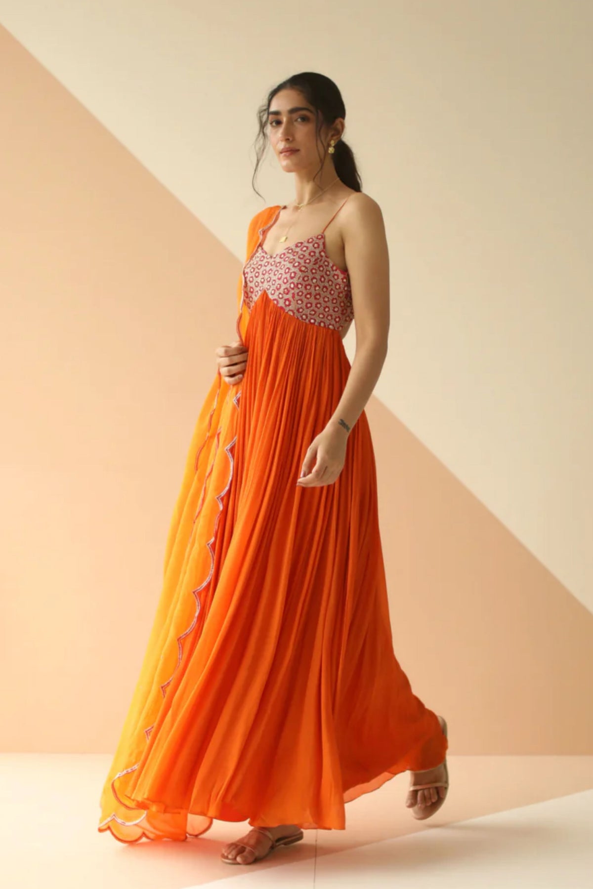 Orange heavy yoke anarkali