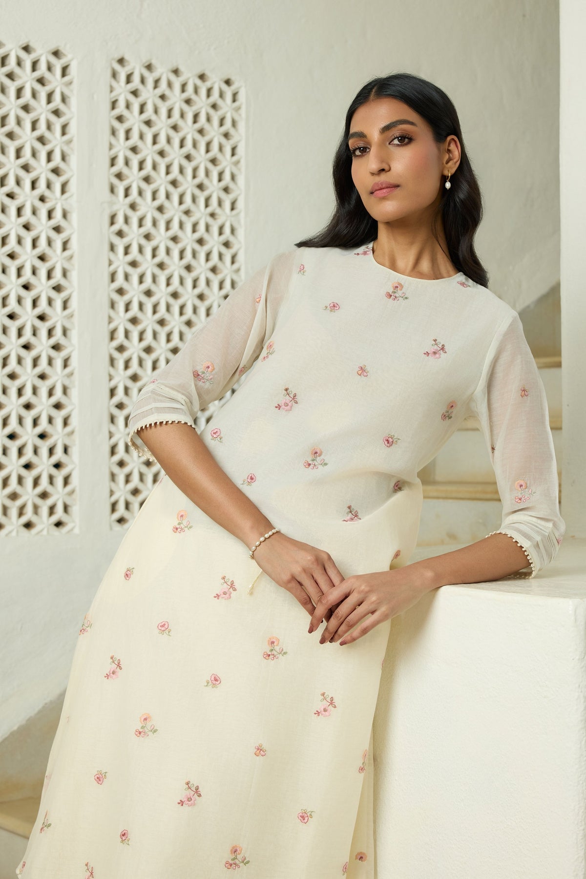 Ivory Floral Embroidered Tunic Set