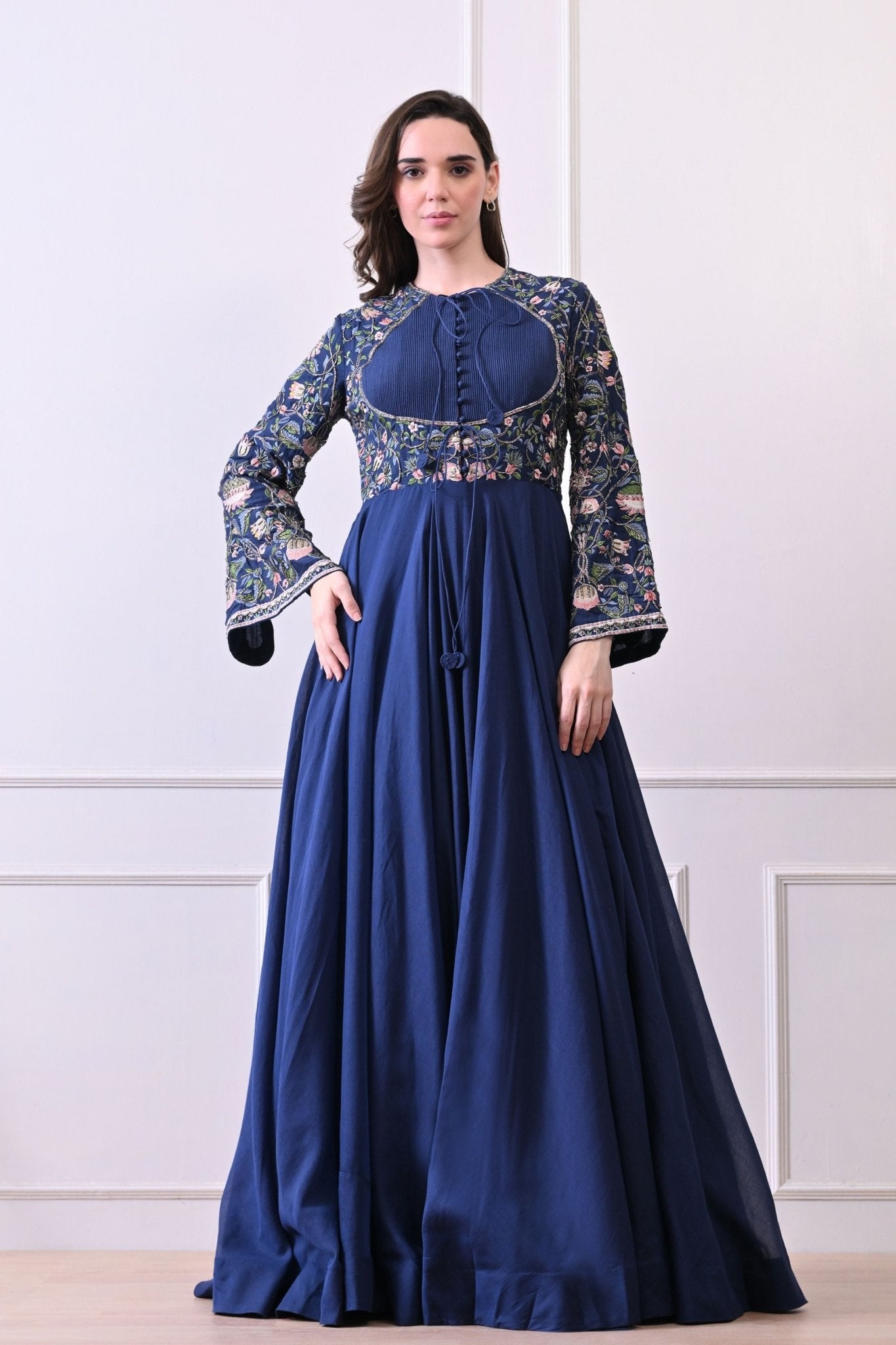 Blue Trumpet Sleeves Embroidered Anarkali - Samant Chauhan - Elahe