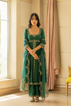 Emerald Green Chiniya Silk Anarkali Set - Emerald Green / L Emerald Green Chiniya Silk Anarkali Set - Emerald Green / L