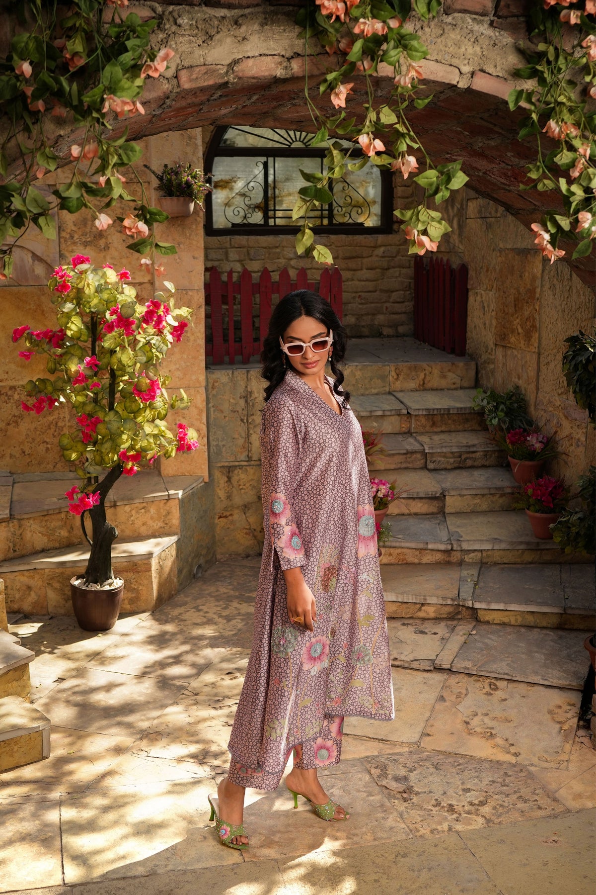 Mughal Phool Kurta Set  in Purple