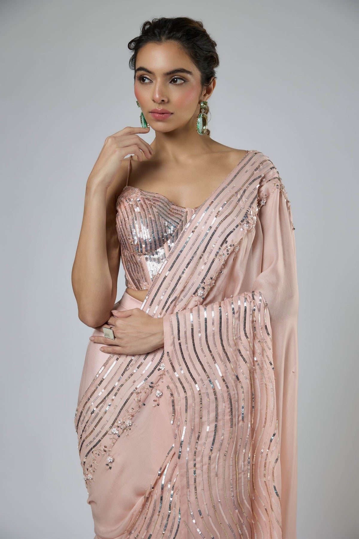 Dark Peach Draped Saree Set