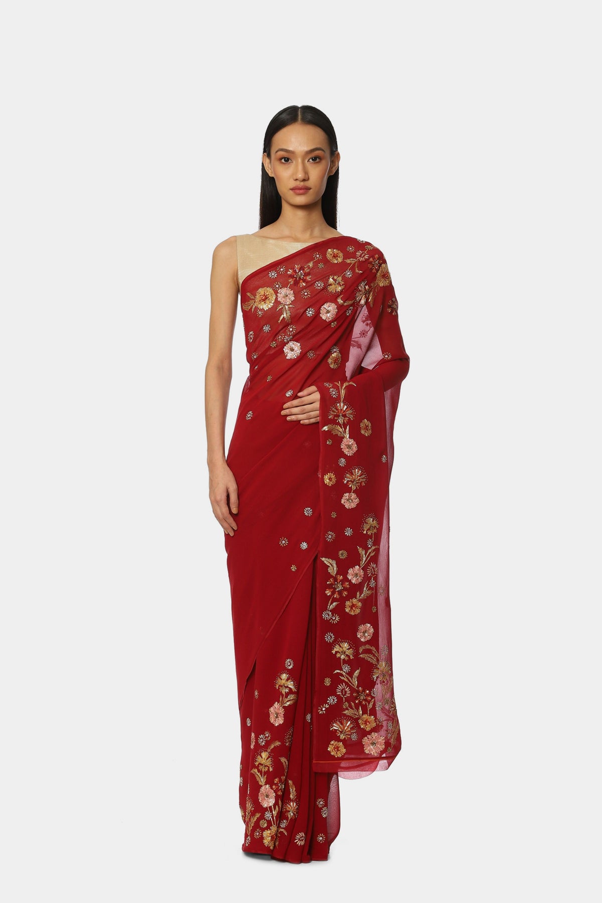 The Embroidered Buds Red Saree