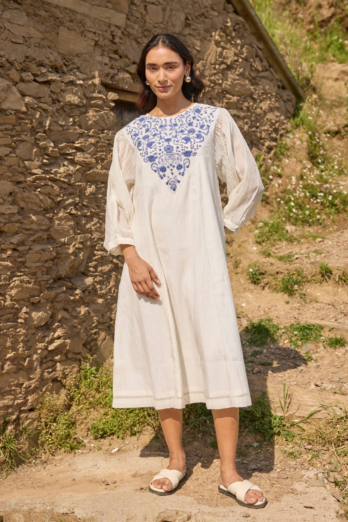Embroidered Yoke Chanderi Dress