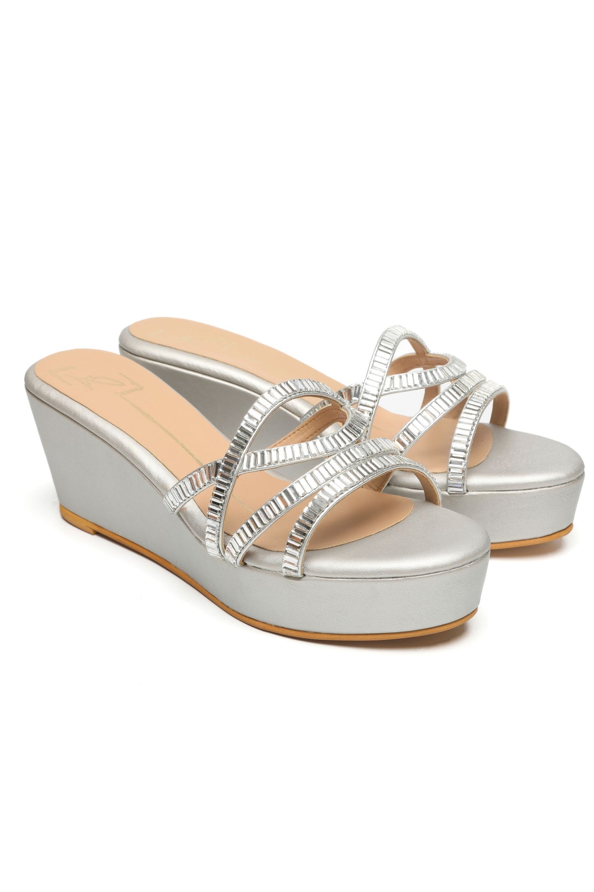 Silver Faux Leather Embroidered Wedges