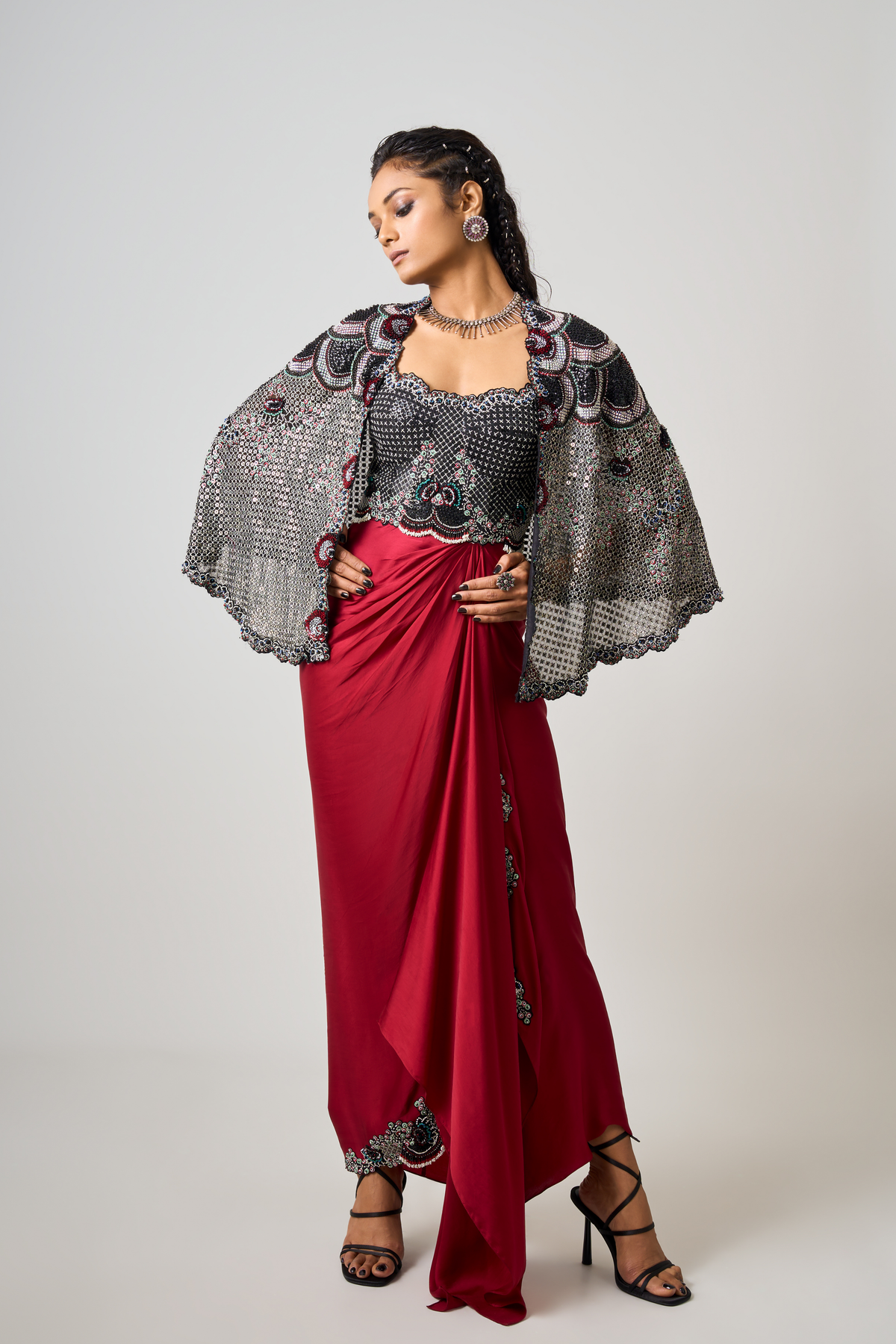 Black Embroidered Short Cape Set