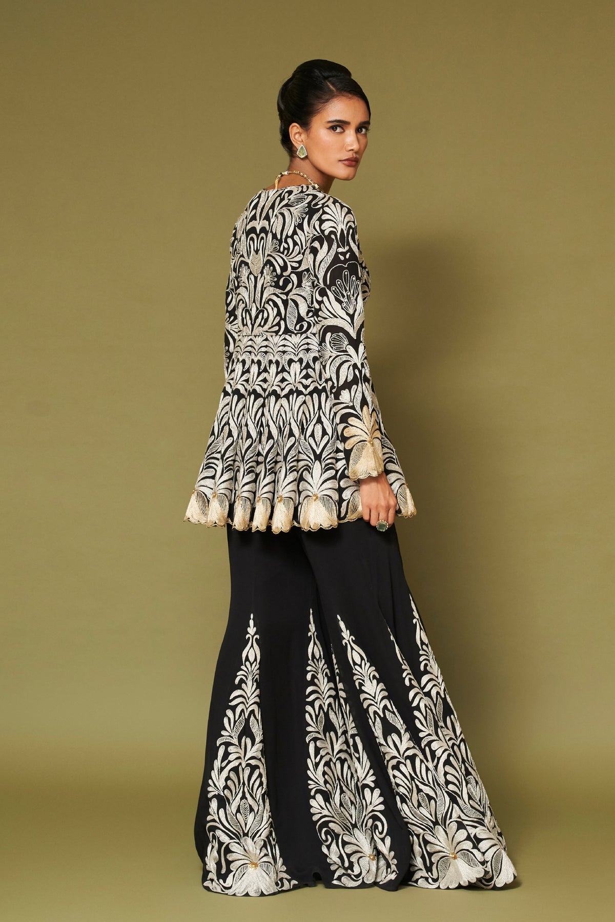 Black Embroidered Georgette Sharara Set