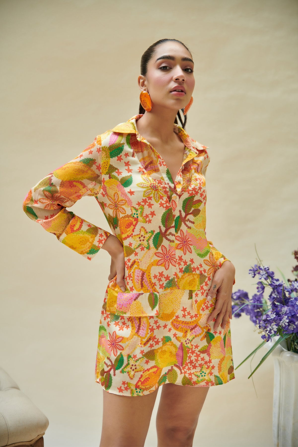 Yellow Pear Printed Shirt Dress