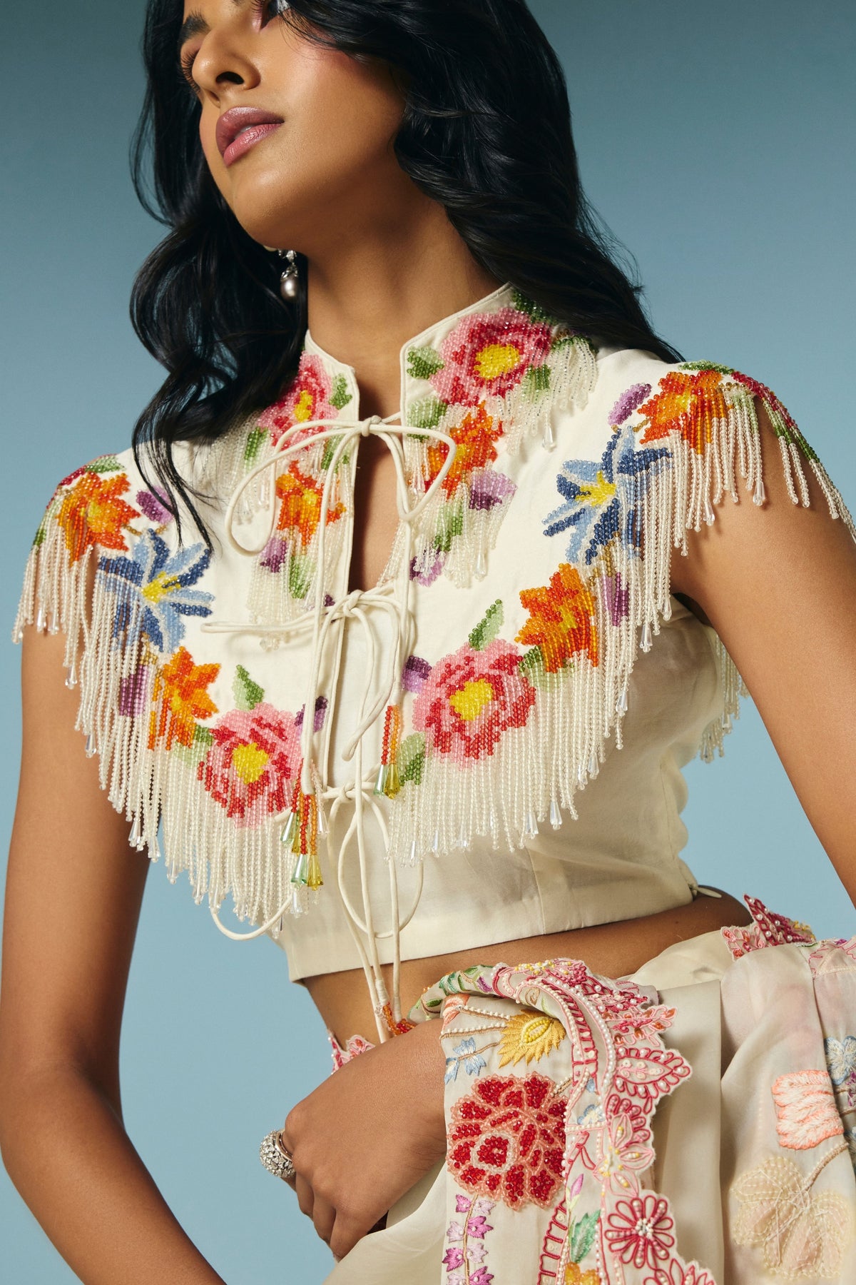 Ivory Floral Beaded Fringe Cape