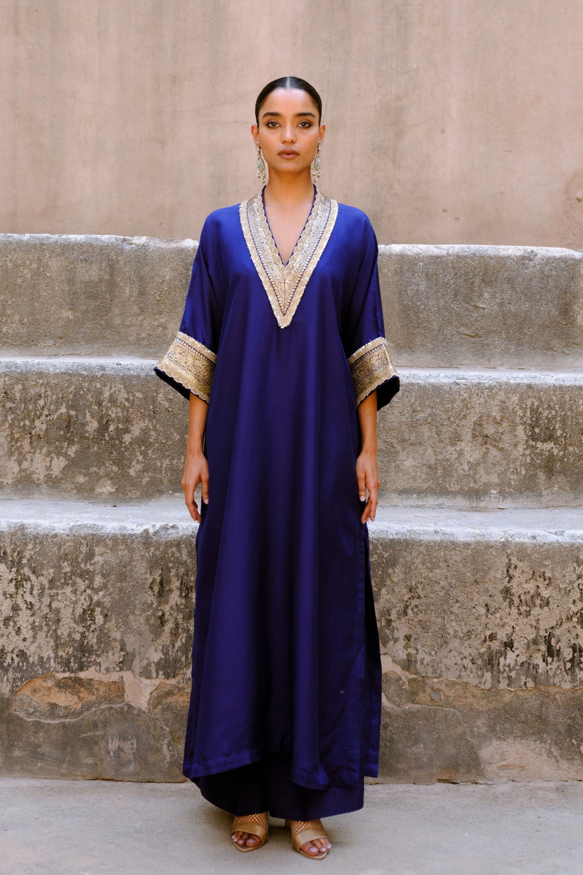 Purple Embroidery V Neck Kaftan with Pants