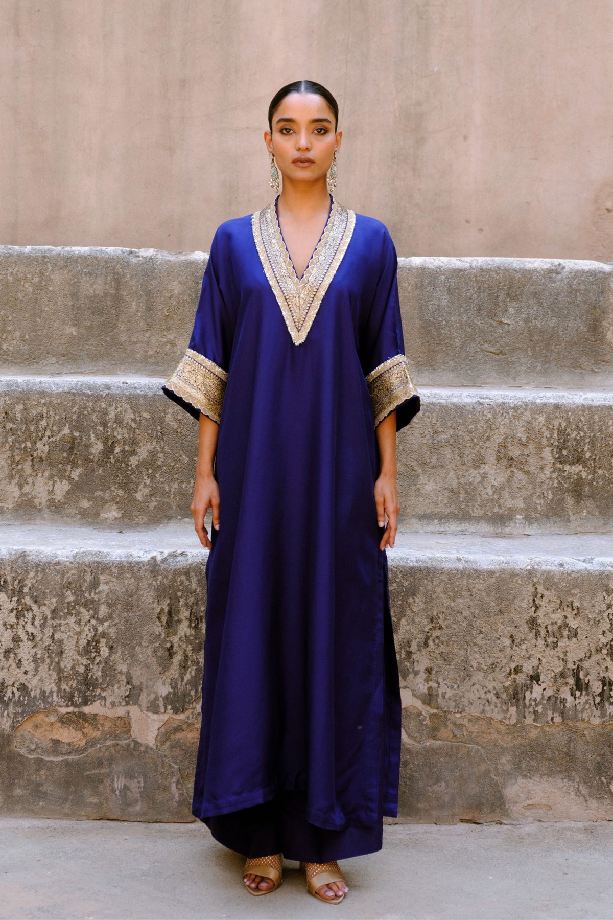 Purple Embroidery V Neck Kaftan