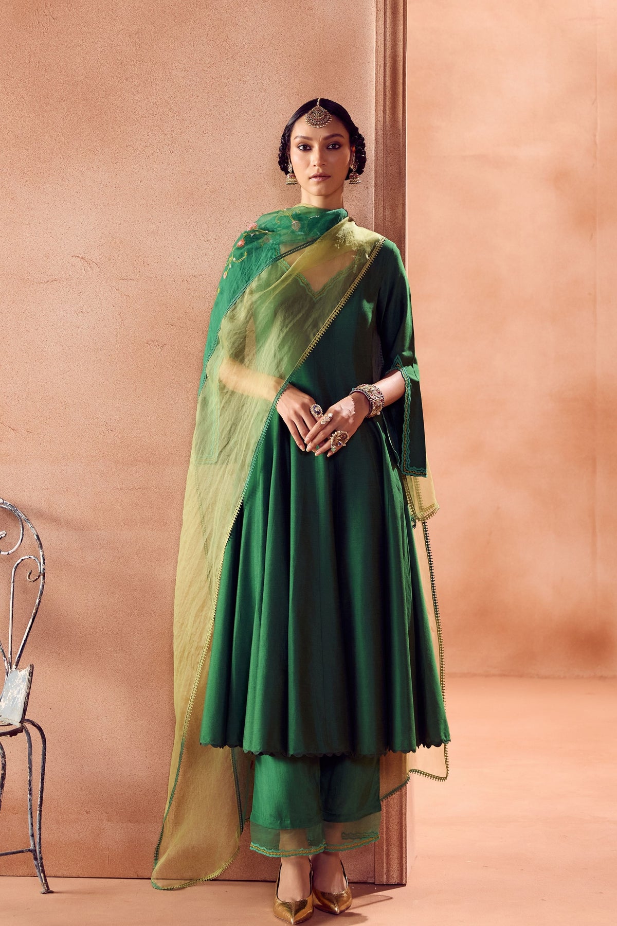 Green Floral Anarkali Set