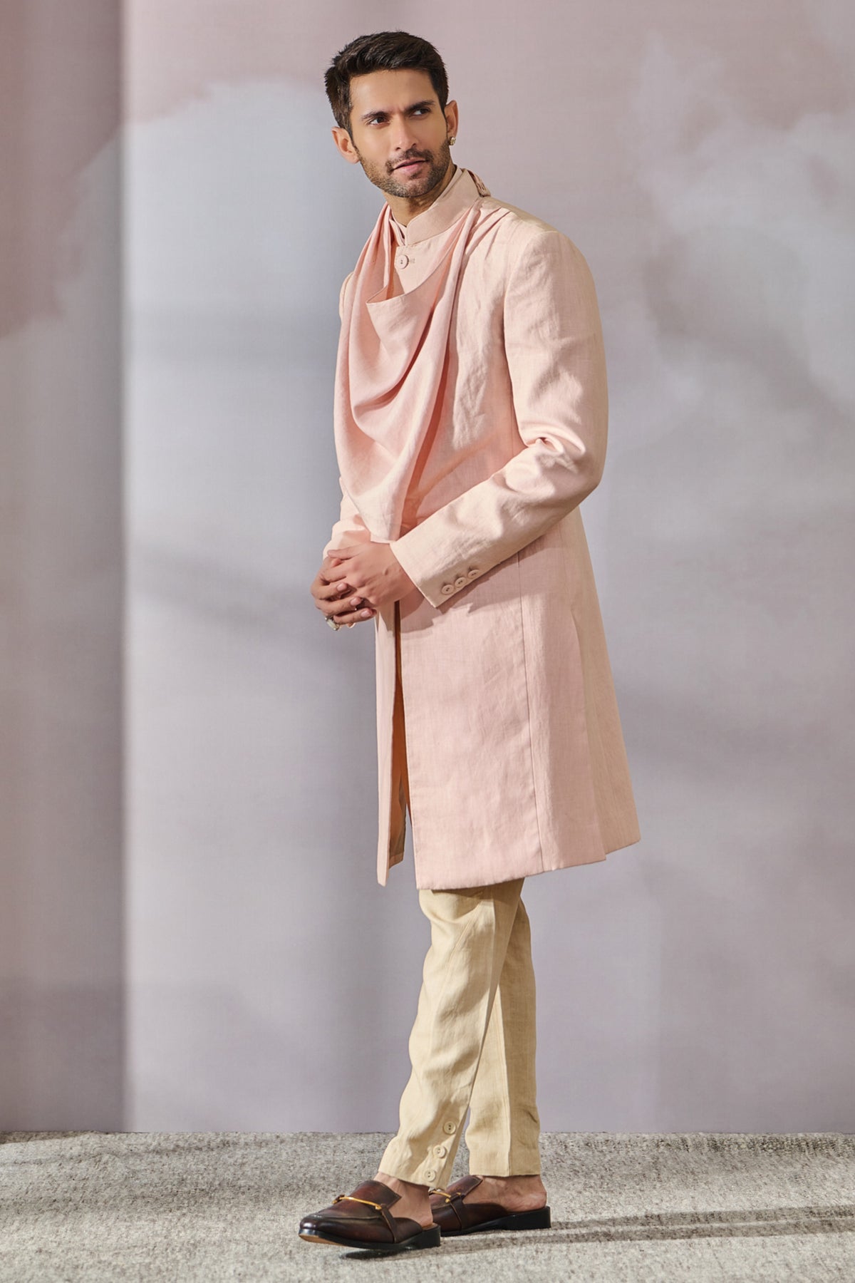 Salmon Draped Sherwani Set