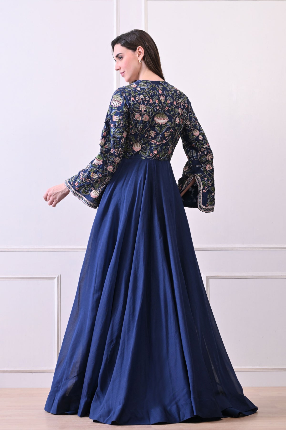 Blue Trumpet Sleeves Embroidered Anarkali