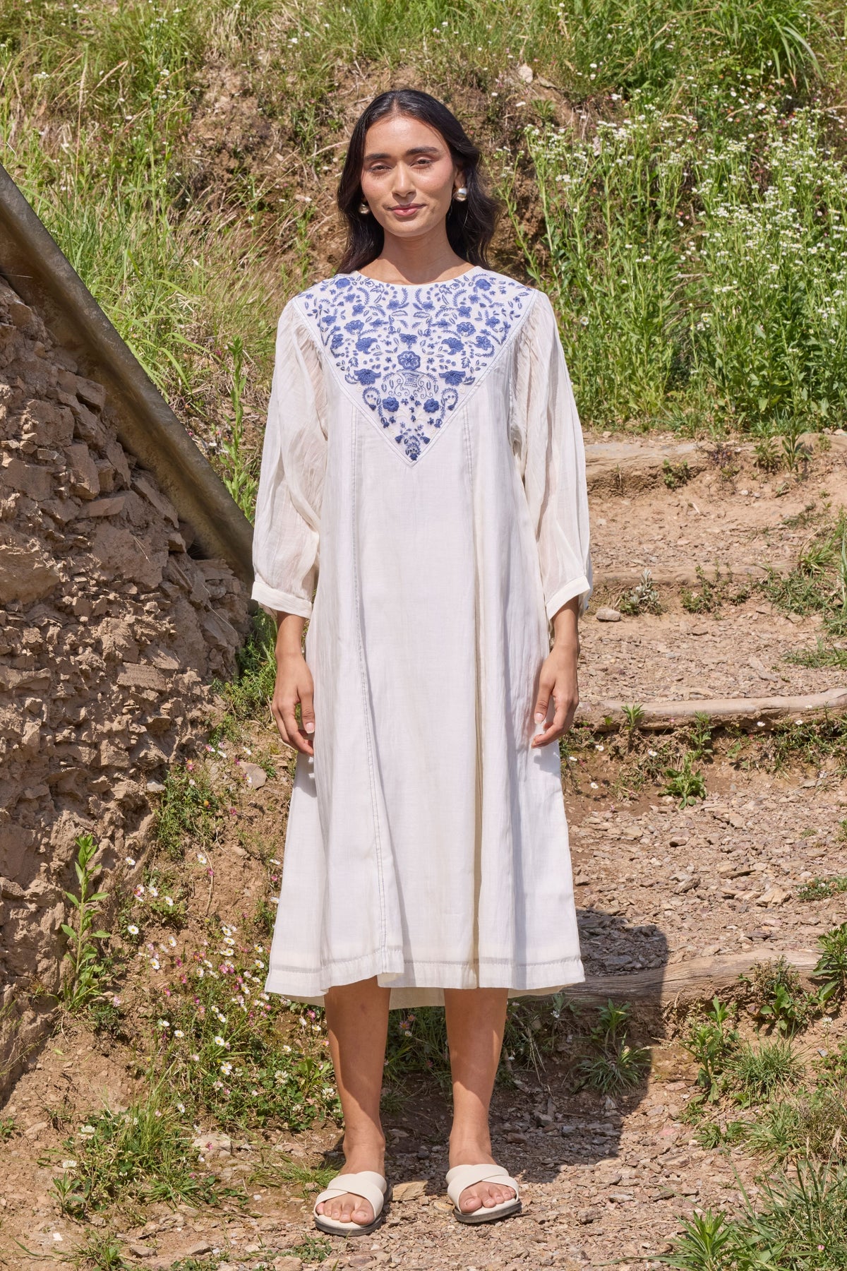 Embroidered Yoke Chanderi Dress