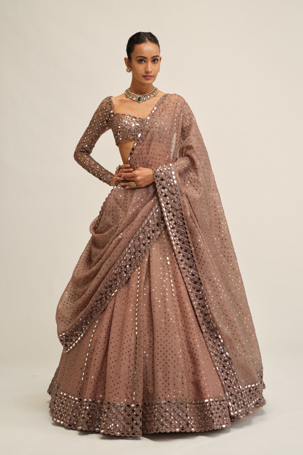 Beige Embroidered Lehenga Set