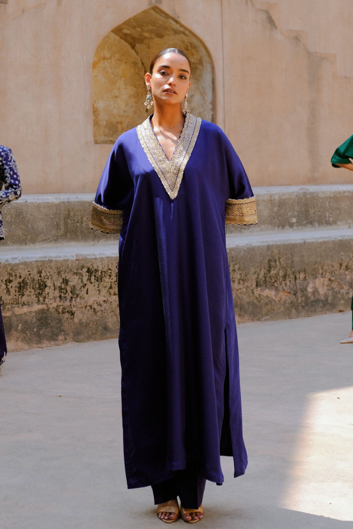Purple Embroidery V Neck Kaftan with Pants