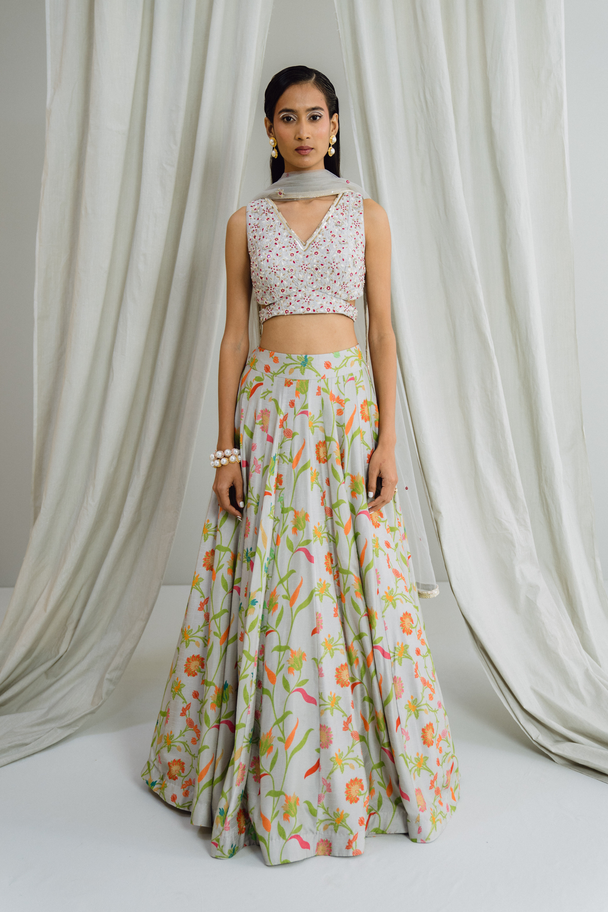 Grey Mix Print Paneled Lehenga Set