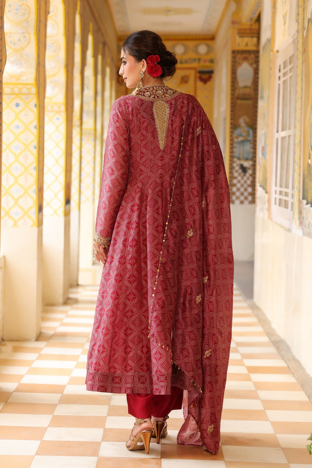 Ahista Maroon Printed Kalidar Set