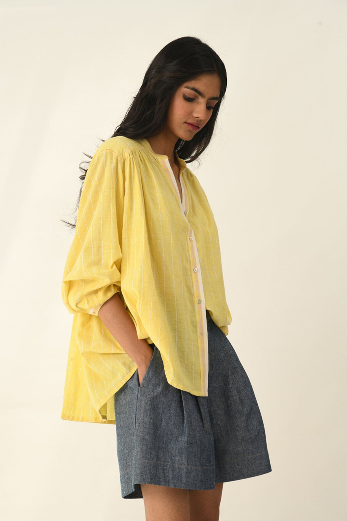 Sabinii Band Collared Smocking Shirt
