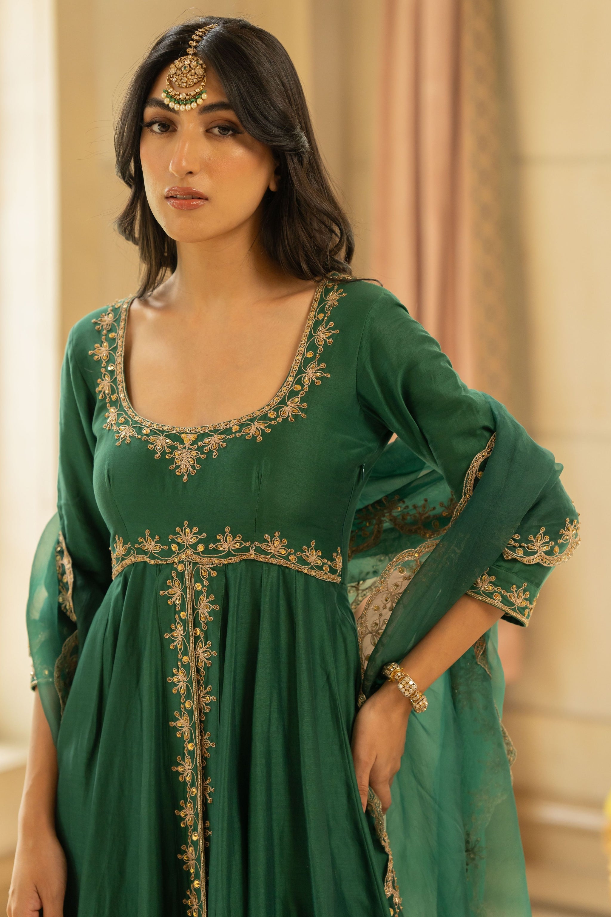 emerald green silk festive tiered anarkali dress Women's Emerald Green Silk Festive Tiered Anarkali Dress S