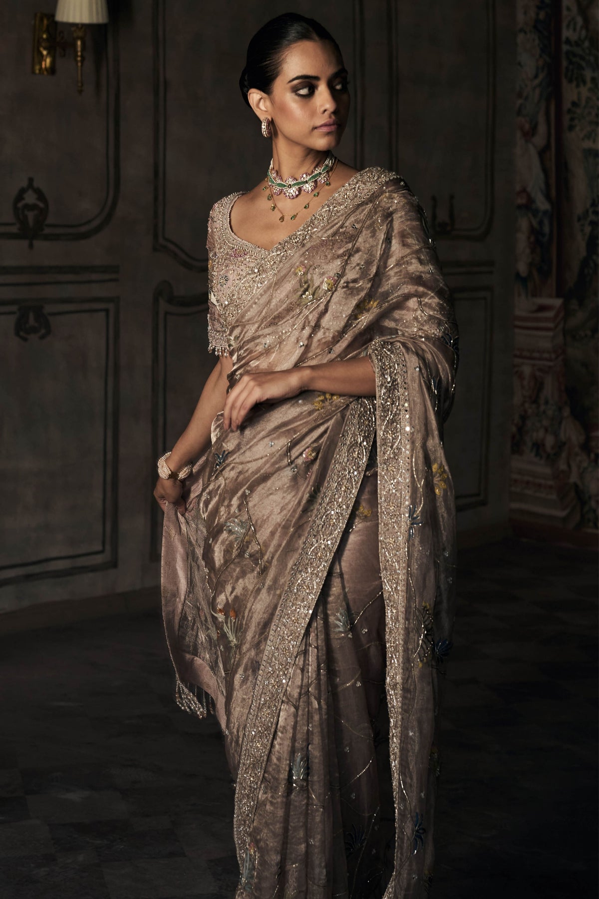 New Shikargah Aged Lavendar Tissue Saree Set