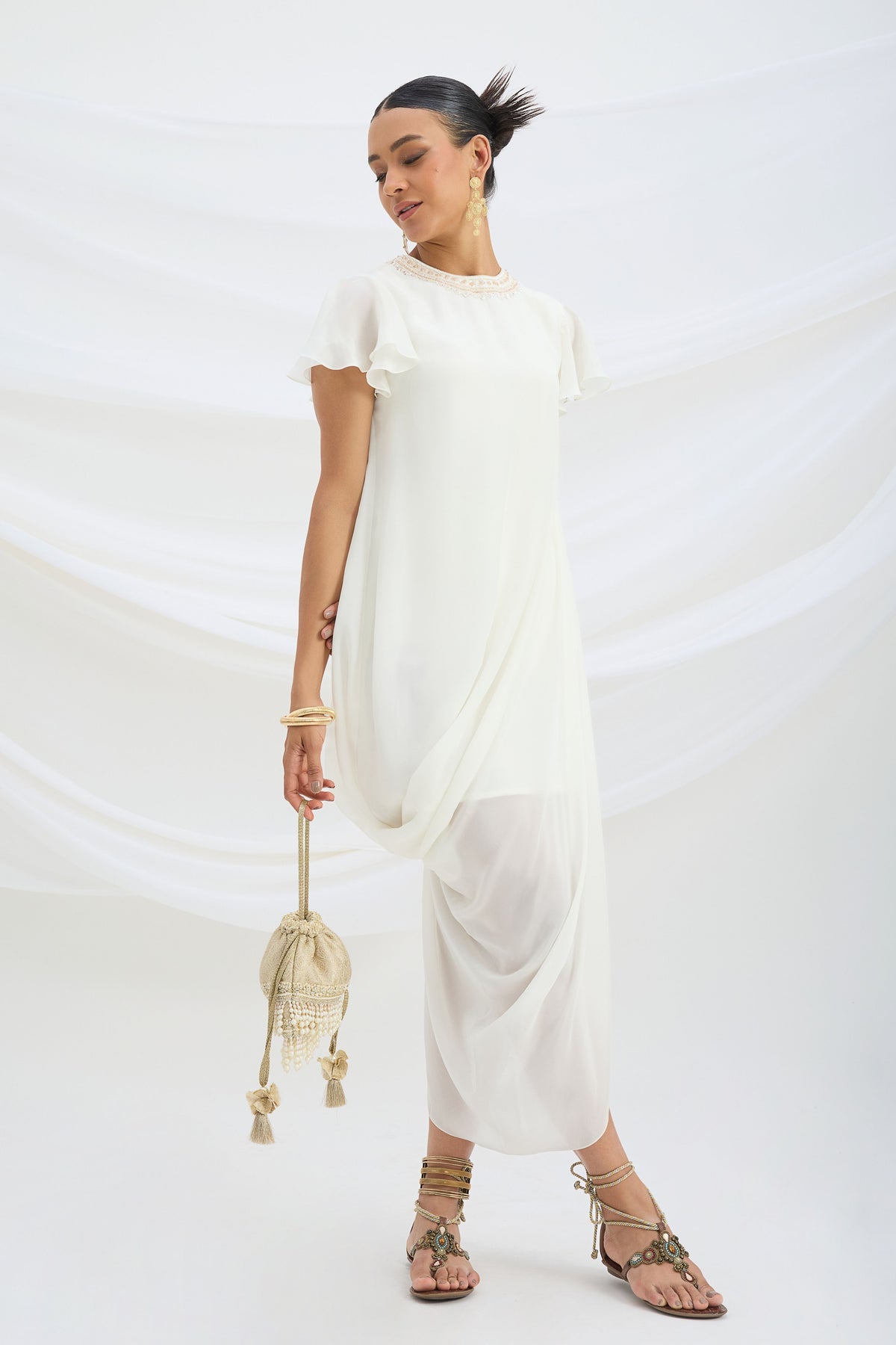 Off White Embroidered Drape Dress