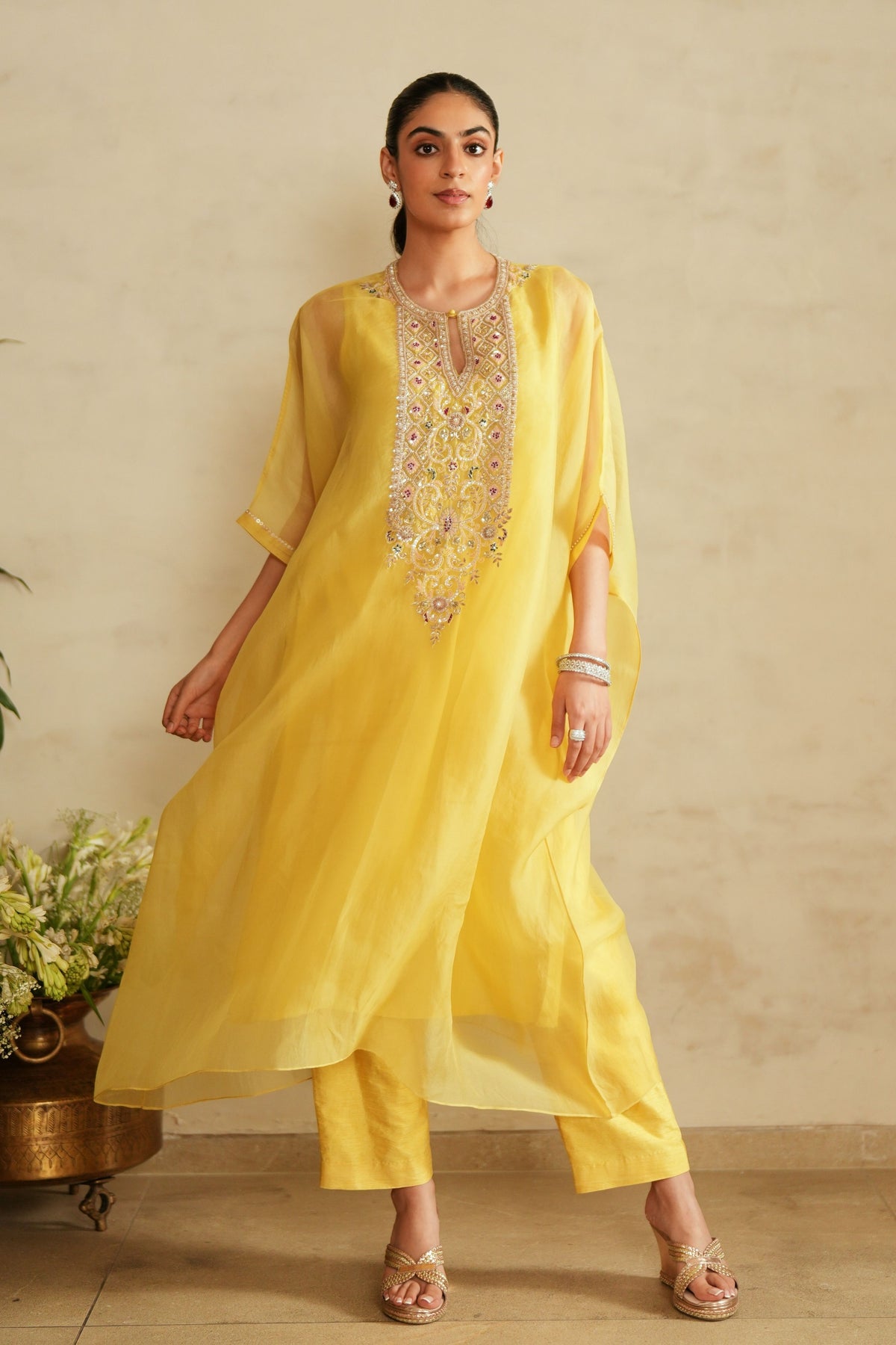 Yellow Zardosi Kaftan Set