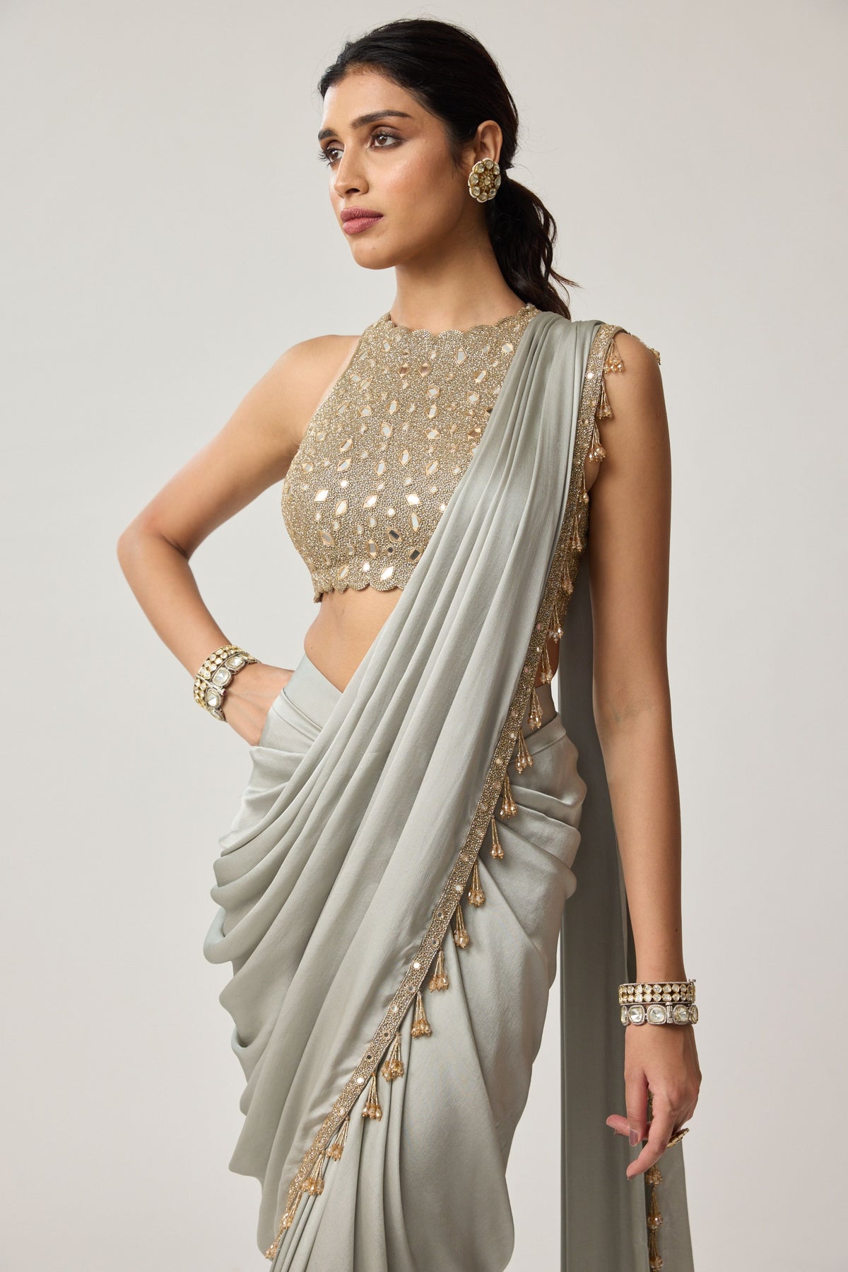 Powder Grey Draped Saree Set