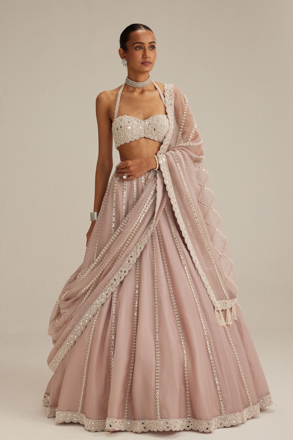 Ash Pink Embroidered Lehenga Set