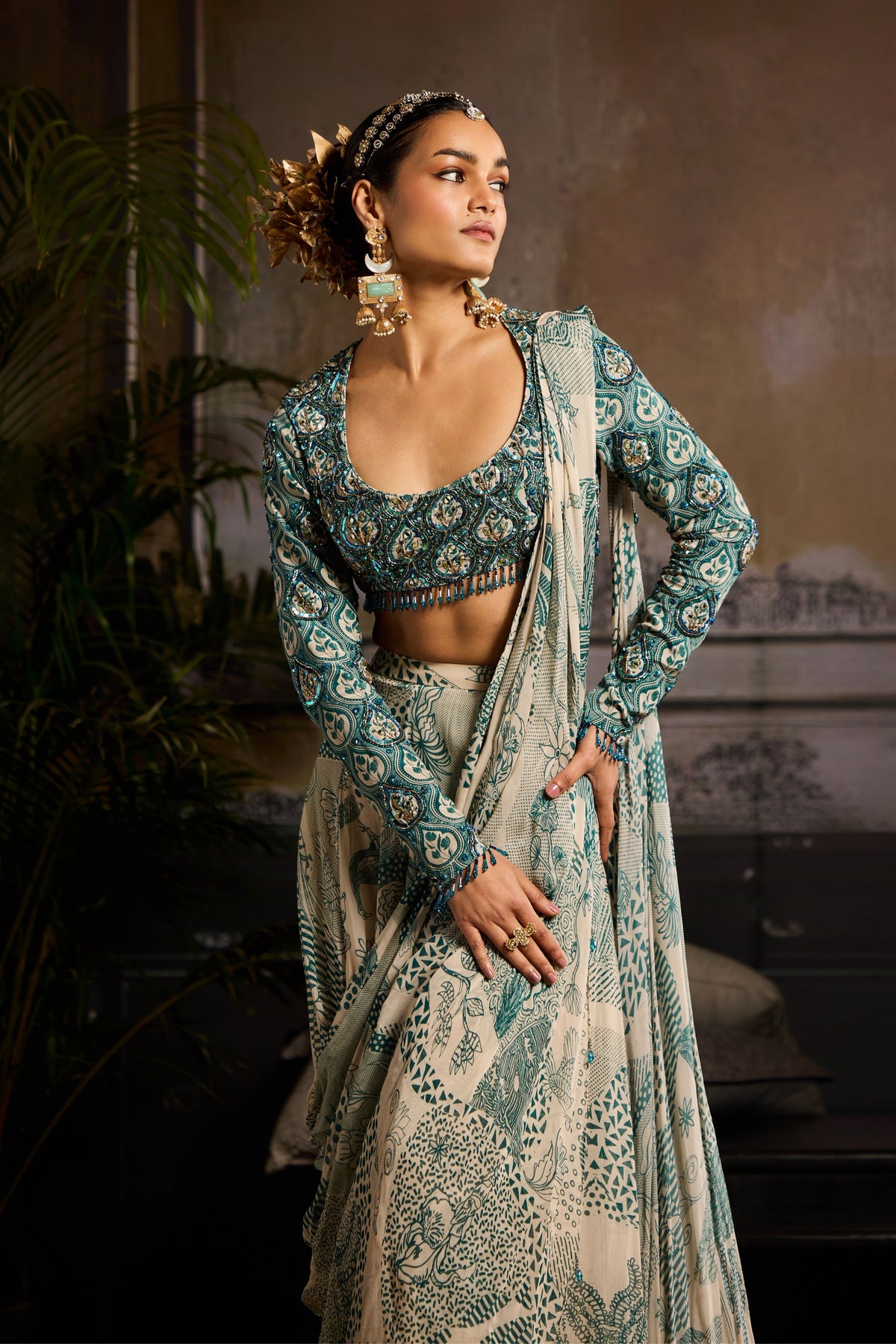Printed Panelled Drape Saree Set