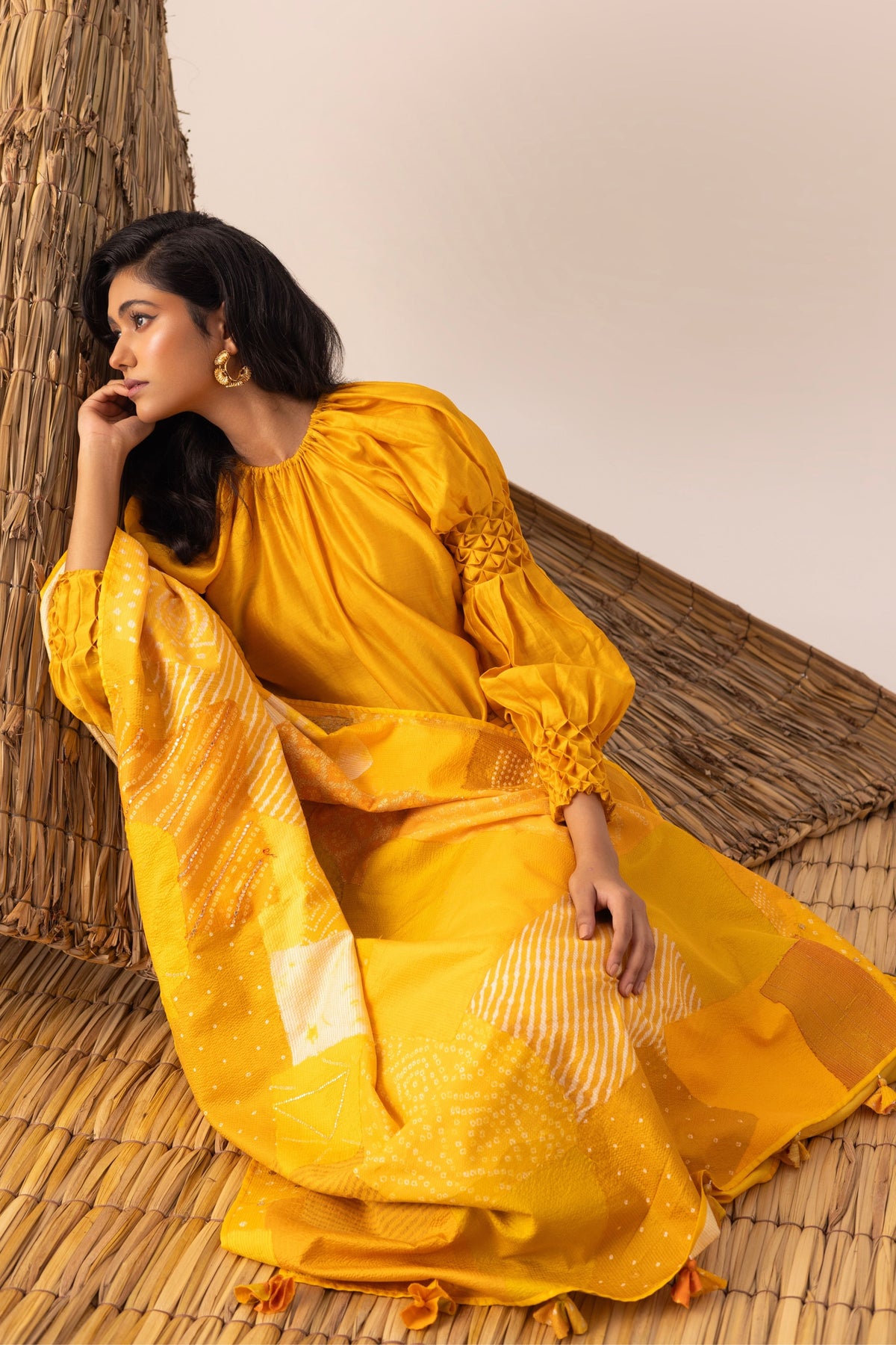 Yellow Bandhani Patchwork Saree set