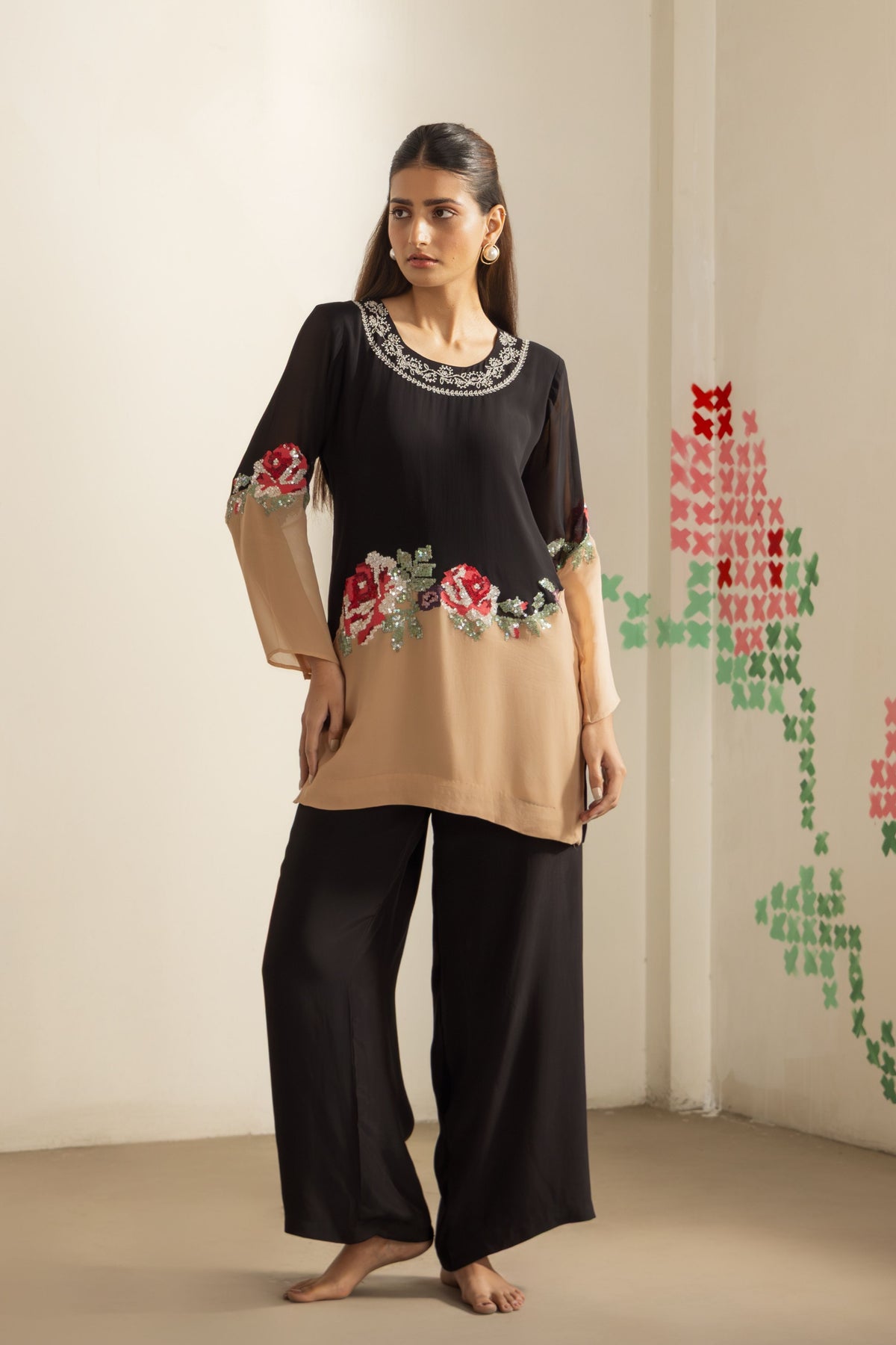 Black Beige Harmony Tunic Set