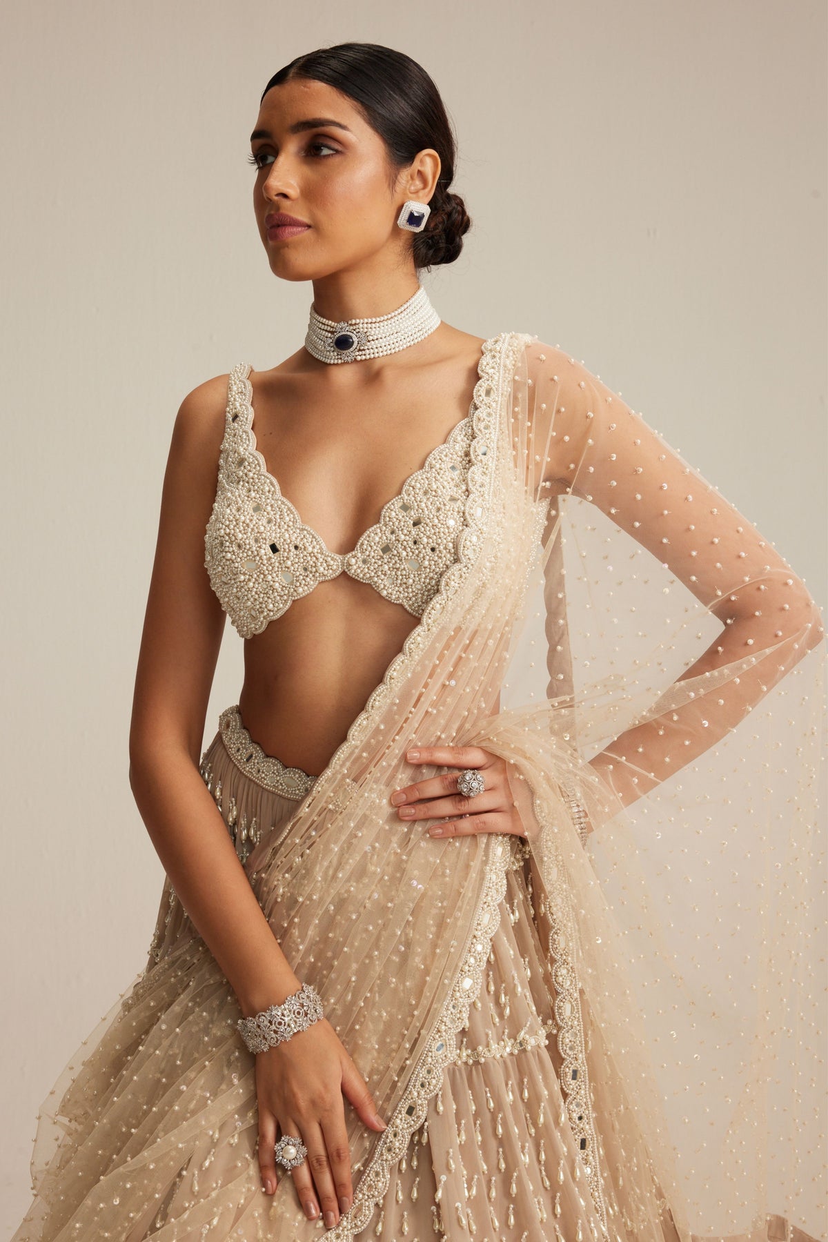 Light Beige Multi Tier Lehenga Set