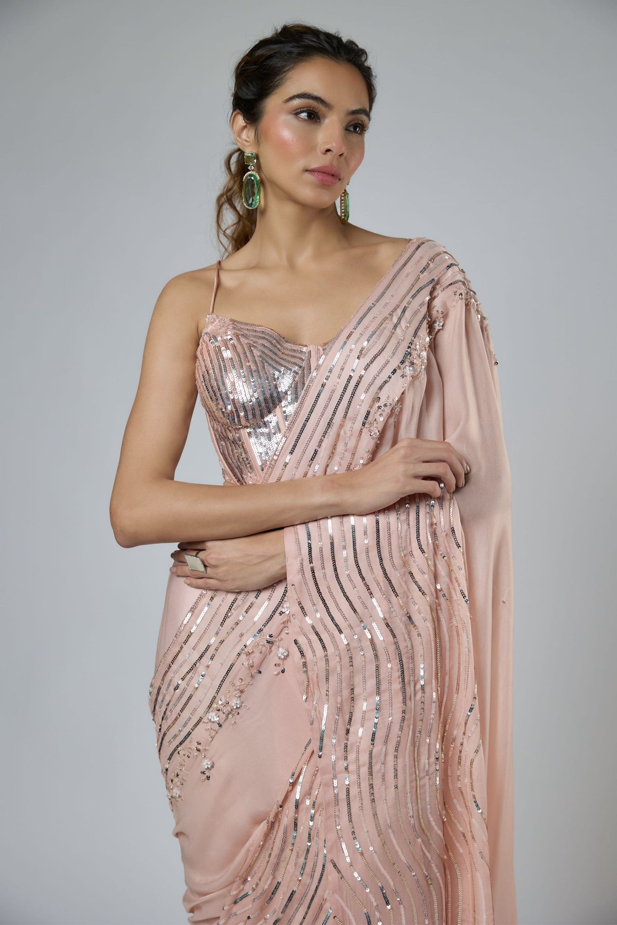 Dark Peach Draped Saree Set